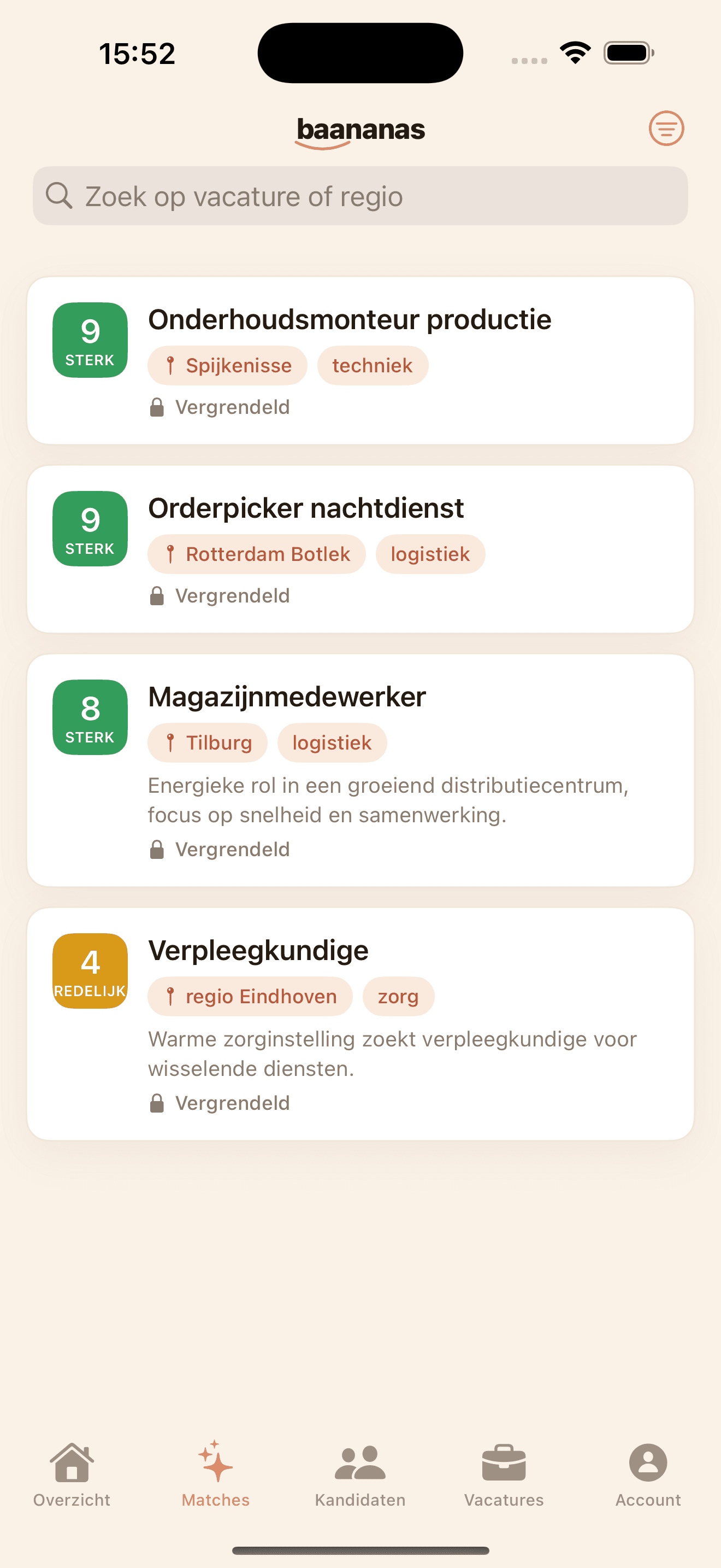 Werkgeversmatches met sterkte-score in de Baananas-app