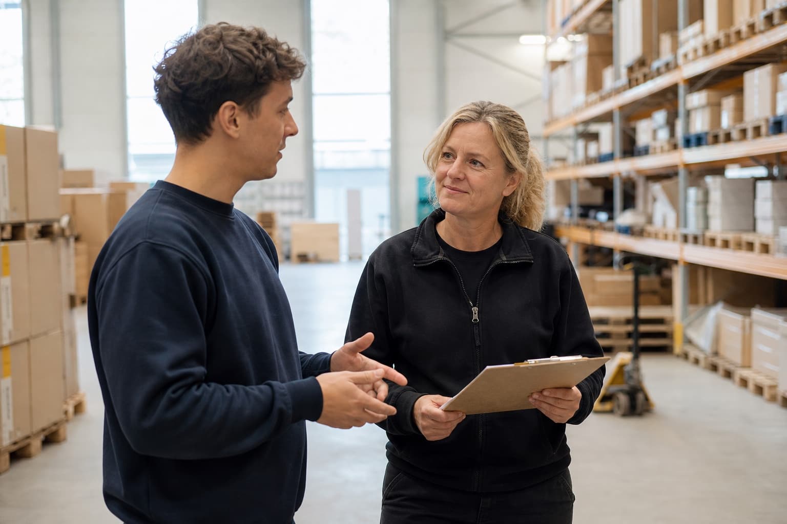 Teamleider met klembord in gesprek met een medewerker in het magazijn
